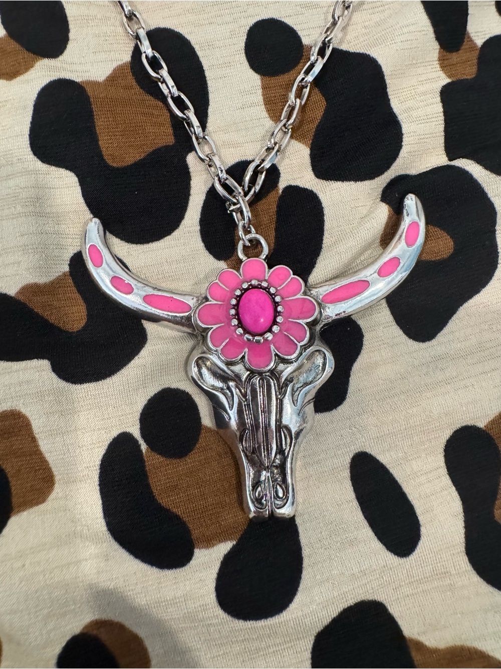 Pink Flower Bull Skull Necklace - Unbranded